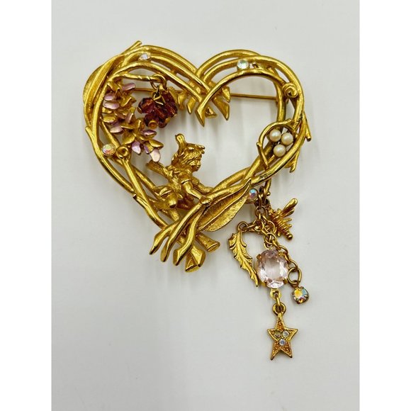Kirks Folly Wisteria Fairy Vine Heart Pin Brooch Gold Tone Dangles Fairy Jewelry - Picture 2 of 7